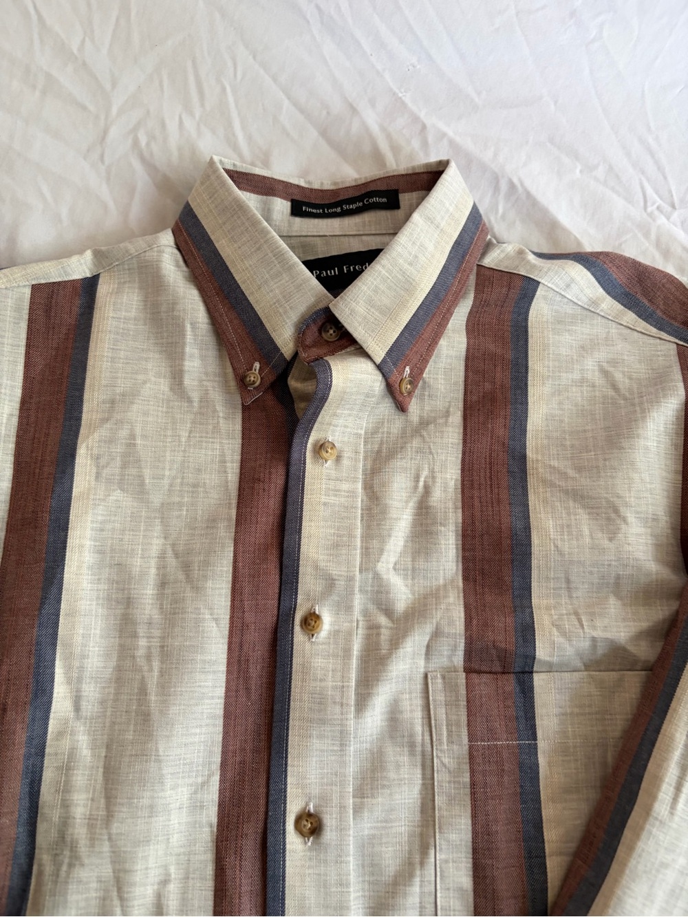 Paul Fredrick Cream Button-Down Shirt with Brown and Blue Stripes Size M